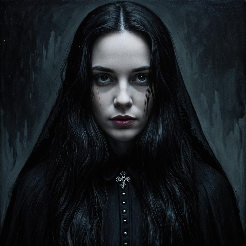 Dark Gothic Portrait of Woman in Black Cloak with Cross Pendant