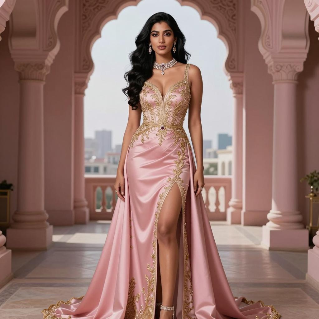 Elegant Pink Satin Evening Gown with Gold Embroidery and High Slit