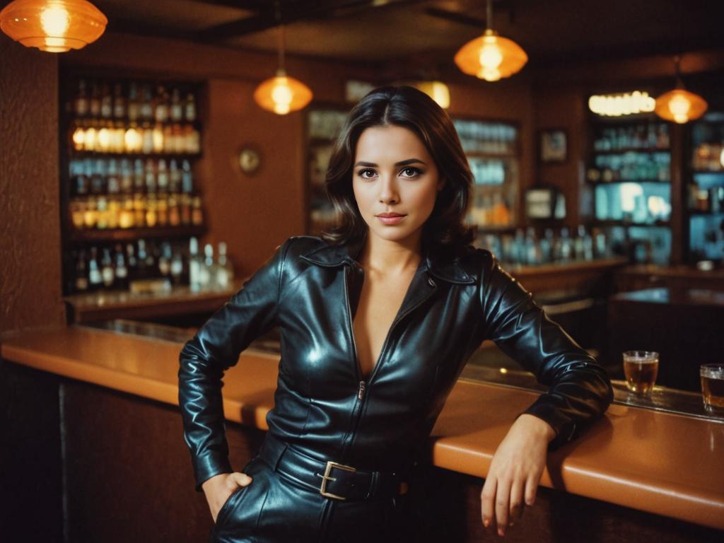 Confident Woman in Black Leather at a Bar