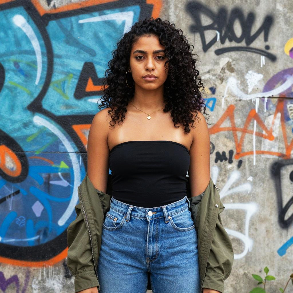 Urban Gen Z Woman in Street Style Fashion with Graffiti Background