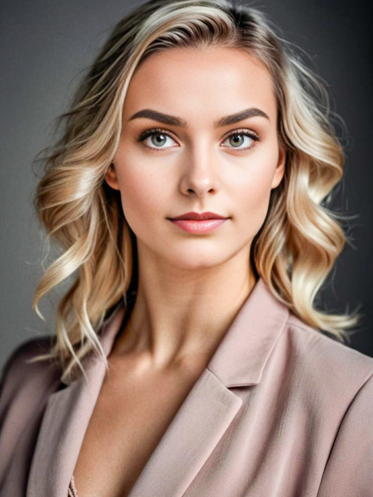 Elegant Woman with Blonde Hair and Green Eyes in Blazer