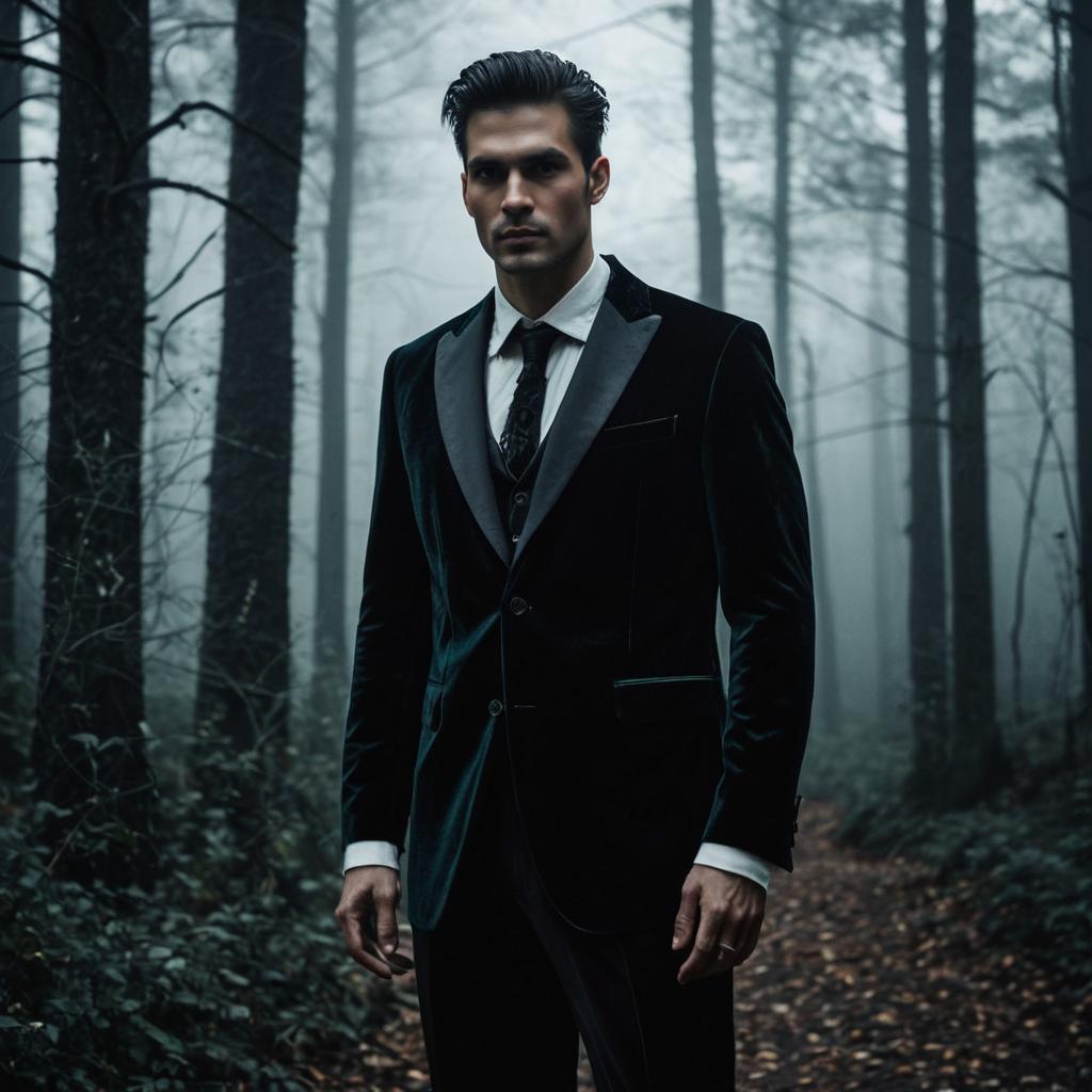 Man in Dark Velvet Suit in Misty Forest