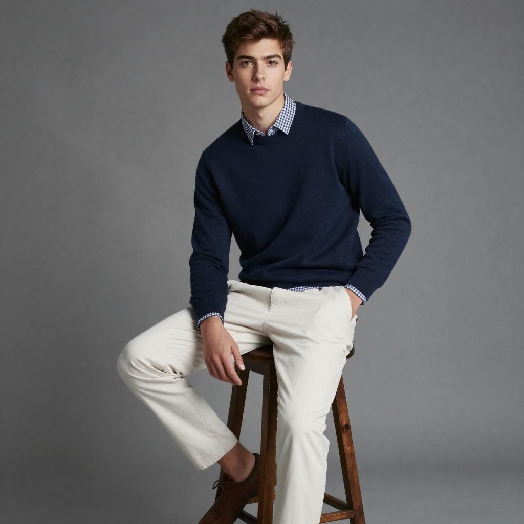 Gen Z Young Man in Smart Casual Outfit Sitting on Stool