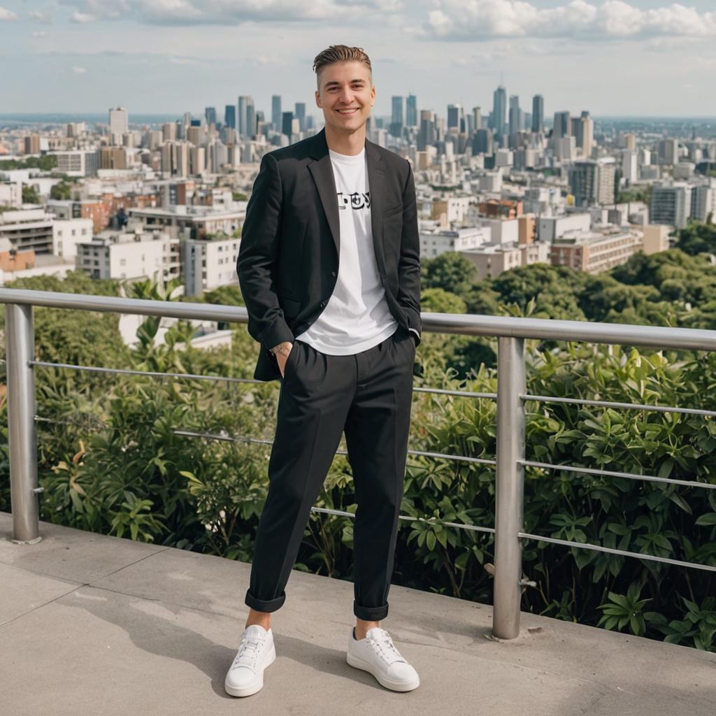 Stylish man in casual business attire with cityscape backdrop