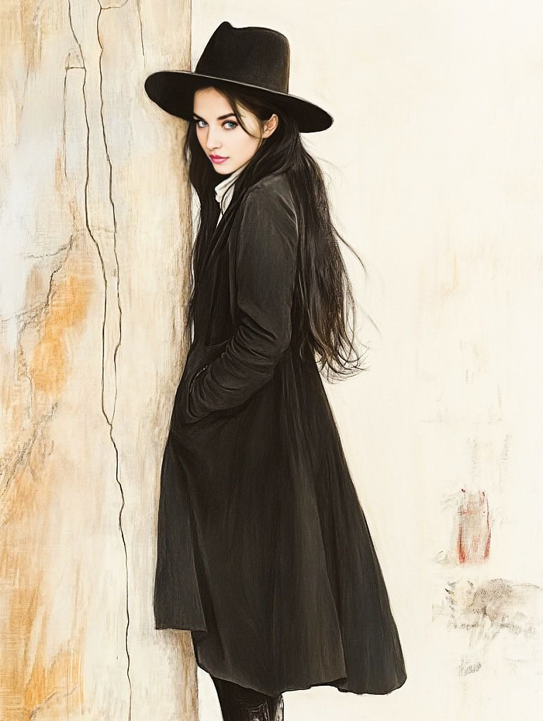 Mysterious Woman in Black Coat and Hat