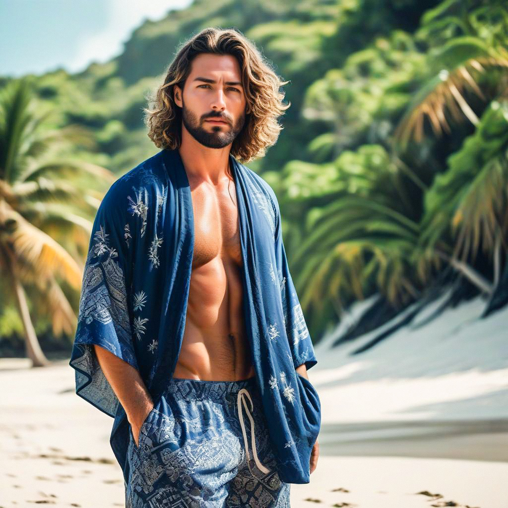 Stylish Man in Blue Kimono on Tropical Beach