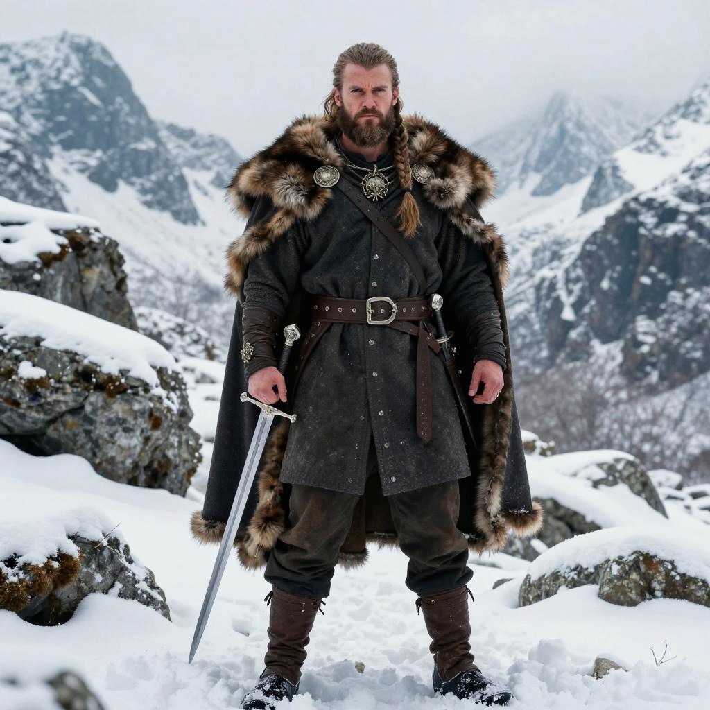 Viking Warrior in Fur Cloak with Sword in Snowy Mountains