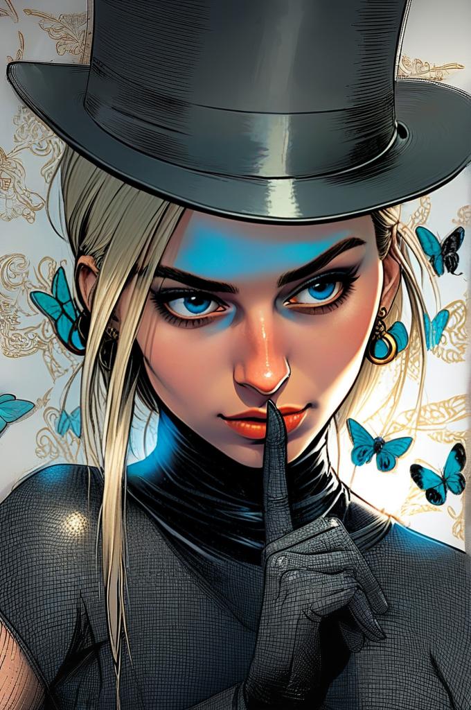 Stylized Digital Portrait of Woman with Top Hat and Blue Butterflies