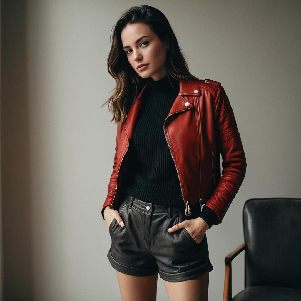 Stylish Woman in Red Leather Jacket and Black Leather Shorts Indoor Portrait