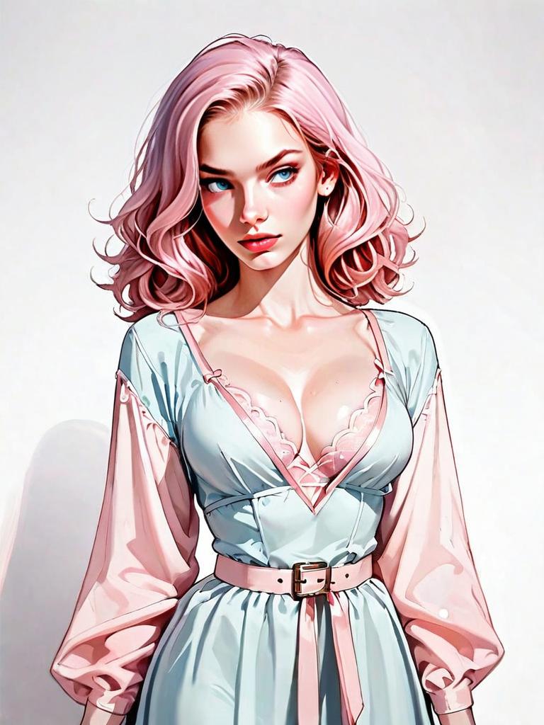 Realistic Digital Art of Woman in Chic Satin Nightgown with Pink Hair
