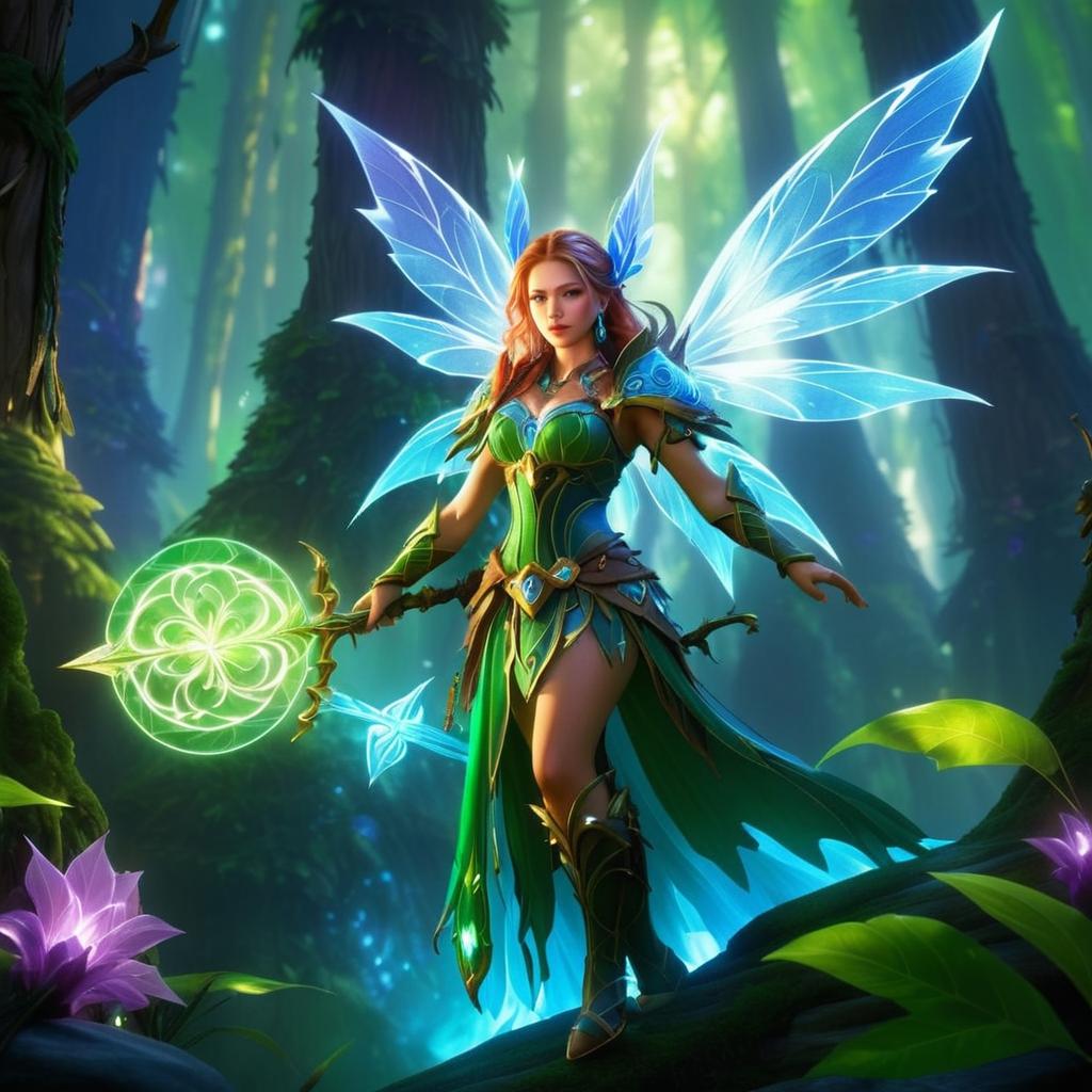 Fairy Woman in Enchanted Forest with Glowing Wings