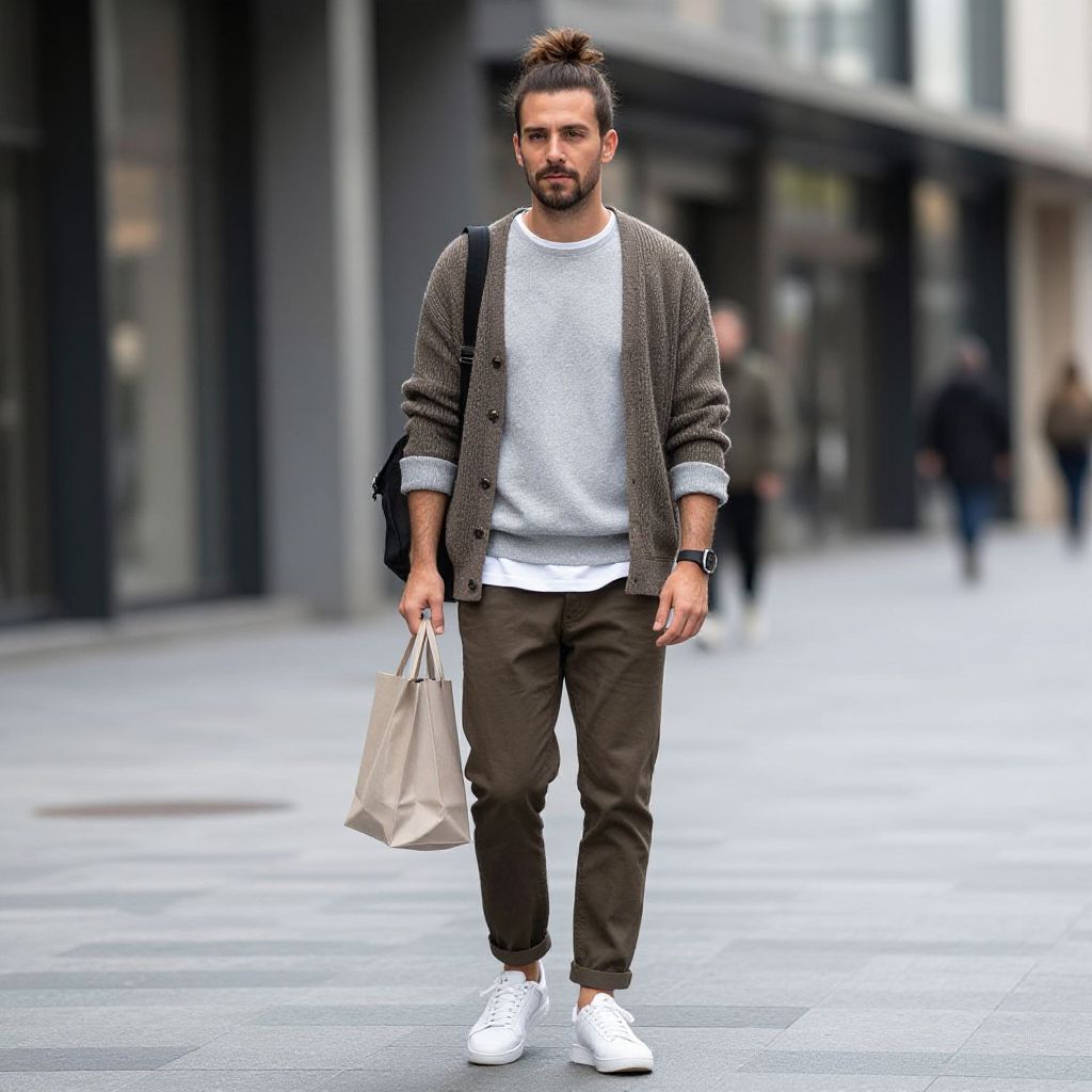 Urban Casual Man Walking with Shopping Bag in Modern Street Style