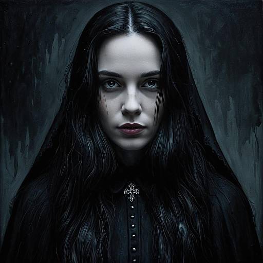 Dark Gothic Portrait of Woman in Black Cloak with Cross Pendant