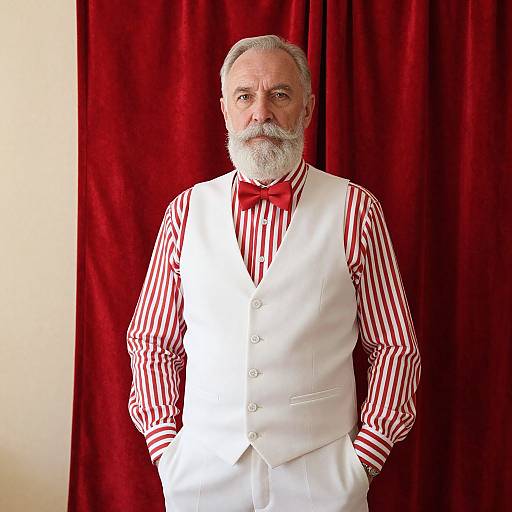 Elderly Man in Vintage Red and White Striped Shirt with White Waistcoat and Bow Tie