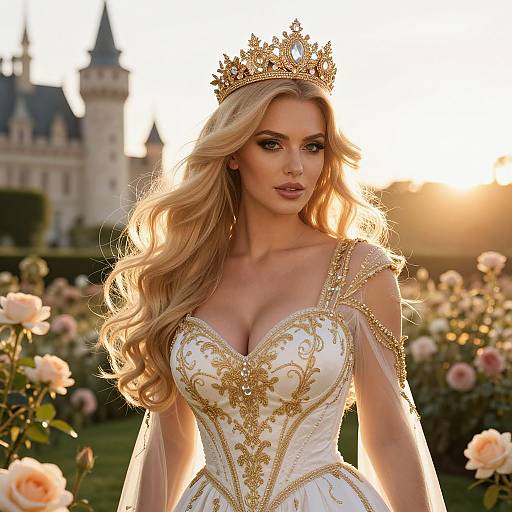 Elegant Woman in Ornate Gold-Embroidered Gown with Crown in Castle Rose Garden