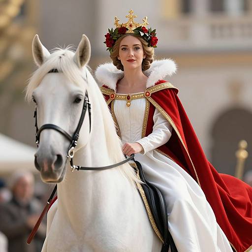 Regal Woman in Royal Gown Riding White Horse