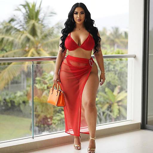 Woman in Red Bikini and Sheer Sarong on Balcony with Tropical Background