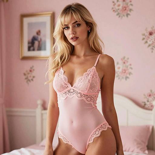 Blonde Woman in Pink Lace Lingerie Bodysuit in Floral Bedroom