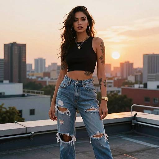 Gen Z Woman in Ripped Jeans and Black Crop Top on Urban Rooftop at Sunset