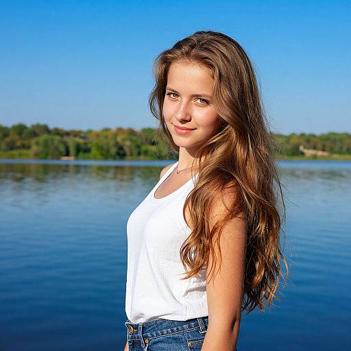 Young Woman by the Lake on a Sunny Day in Casual Outfit
