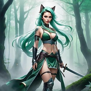 Fantasy Warrior Woman in Misty Forest