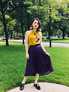 Stylish Woman in Mustard Yellow Top and Purple Pleated Skirt in Park