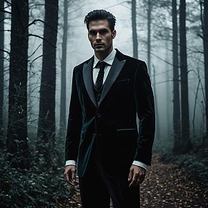 Man in Dark Velvet Suit in Misty Forest