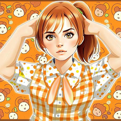 Anime Girl in Polka Dot and Checked Blouse with Cartoon Bear Background