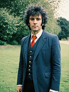 Man in Realistic Bruford Cosplay Costume with Blue Suit and Red Tie
