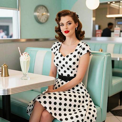 Vintage Style Woman in Polka Dot Dress at Retro Diner