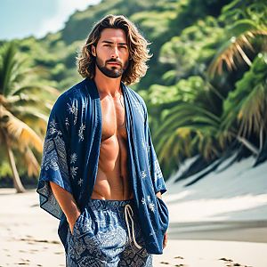 Stylish Man in Blue Kimono on Tropical Beach