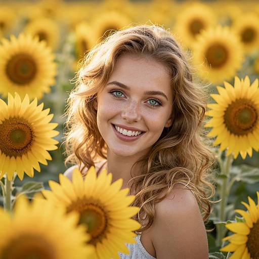 Smiling Young Woman in Vibrant Sunflower Field
