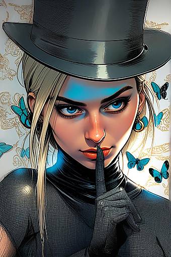 Stylized Digital Portrait of Woman with Top Hat and Blue Butterflies