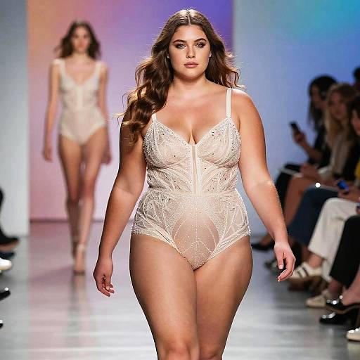 Plus-Size Woman Modeling Sheer Beaded Lingerie on Runway Fashion Show