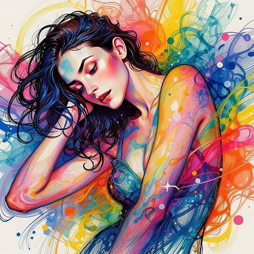 Colorful Digital Illustration of Woman with Abstract Multicolor Background
