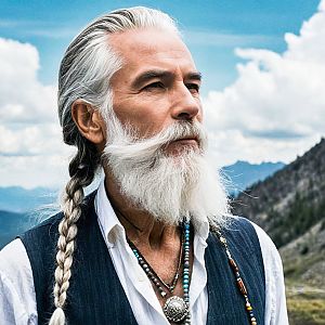 Distinguished Older Man with Braided White Hair in Mountains