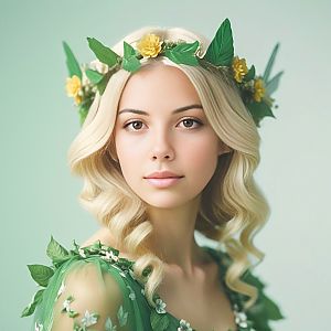 Young Woman in Floral Crown and Green Dress
