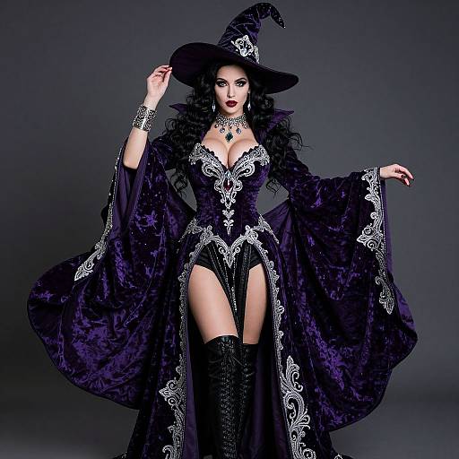 Elegant Witch Costume in Purple Velvet with Silver Embroidery