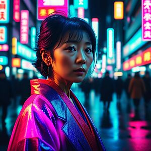 Woman in Cyberpunk Neon Cityscape at Night