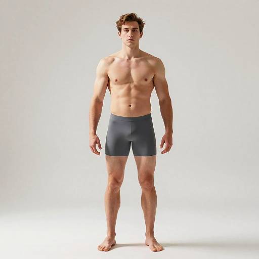 Young Man Modeling Gray Boxer Briefs Barefoot in Studio