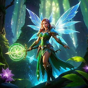 Fairy Woman in Enchanted Forest with Glowing Wings