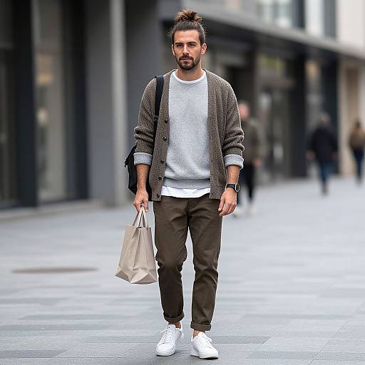 Urban Casual Man Walking with Shopping Bag in Modern Street Style