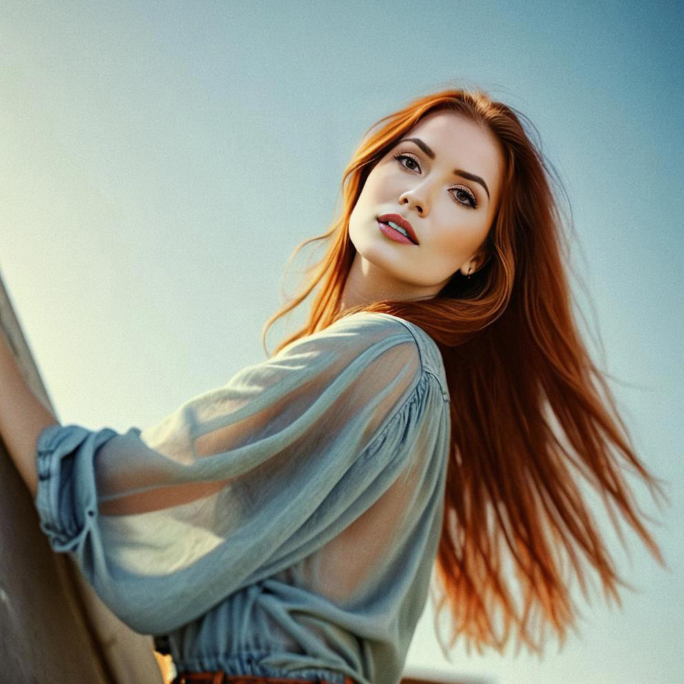 Woman with Red Hair in Sheer Blue Top