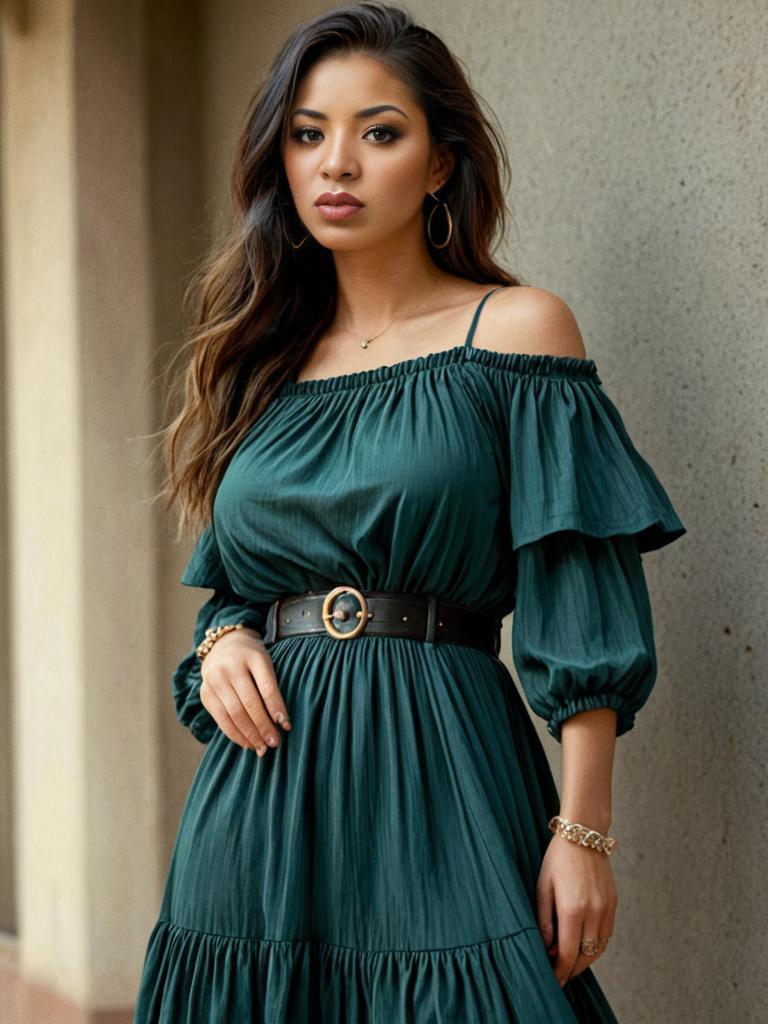 Stylish Woman in Green Off-the-Shoulder Dress