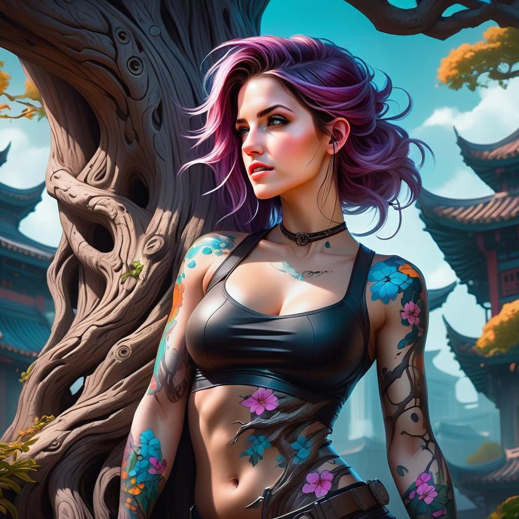 Vibrant Woman with Purple Hair and Floral Tattoos