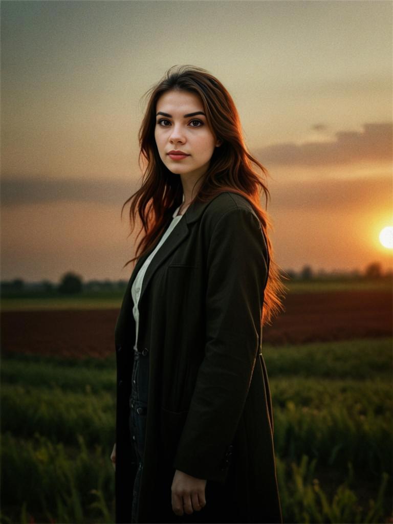 Young Woman in Lush Field at Sunset