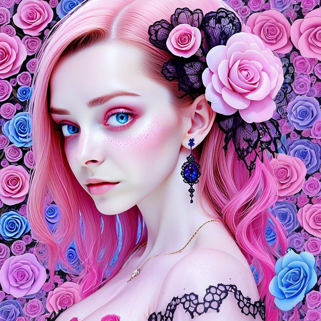 Digital Portrait of Woman with Pink Hair and Floral Background