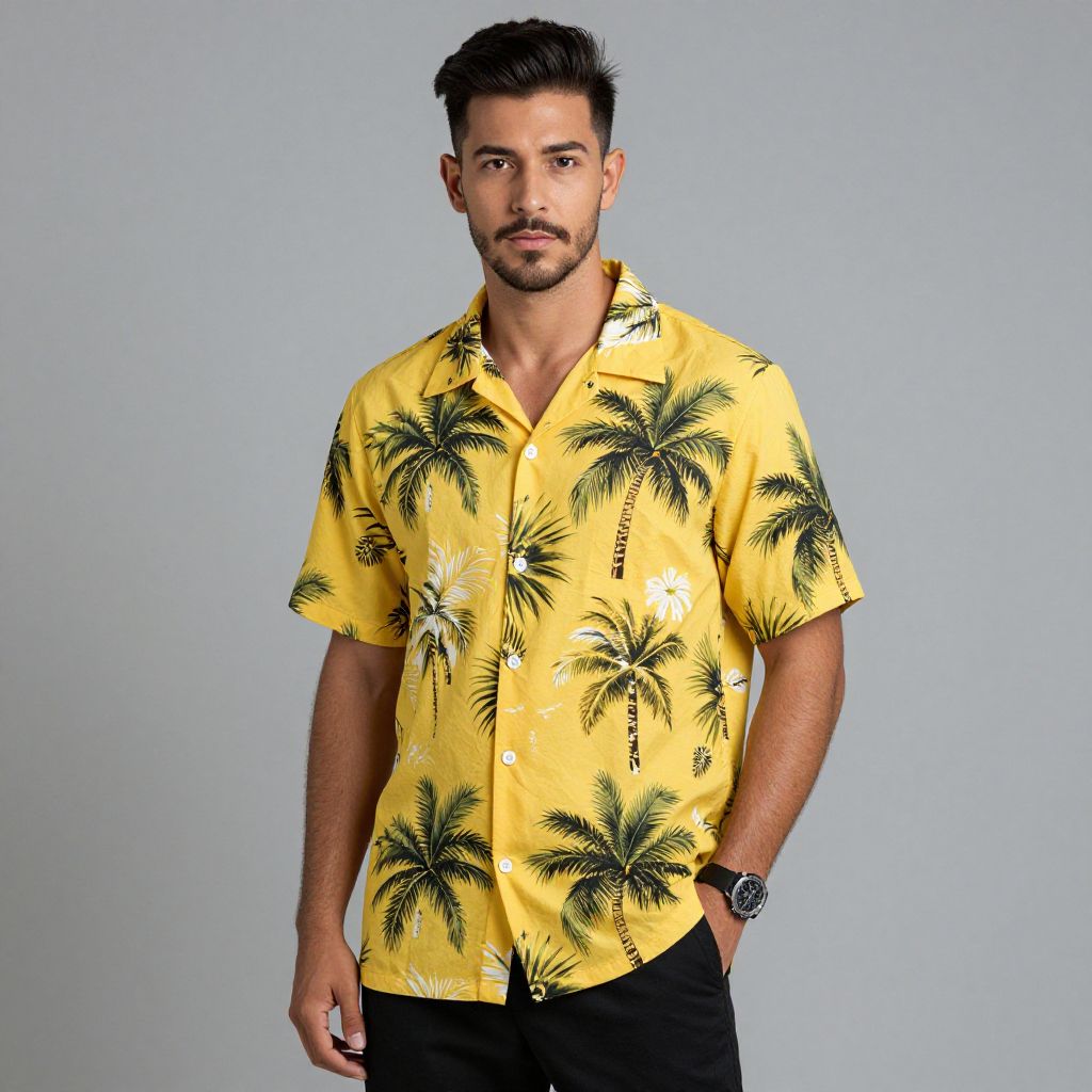Man Wearing Yellow Tropical Palm Tree Hawaiian Shirt