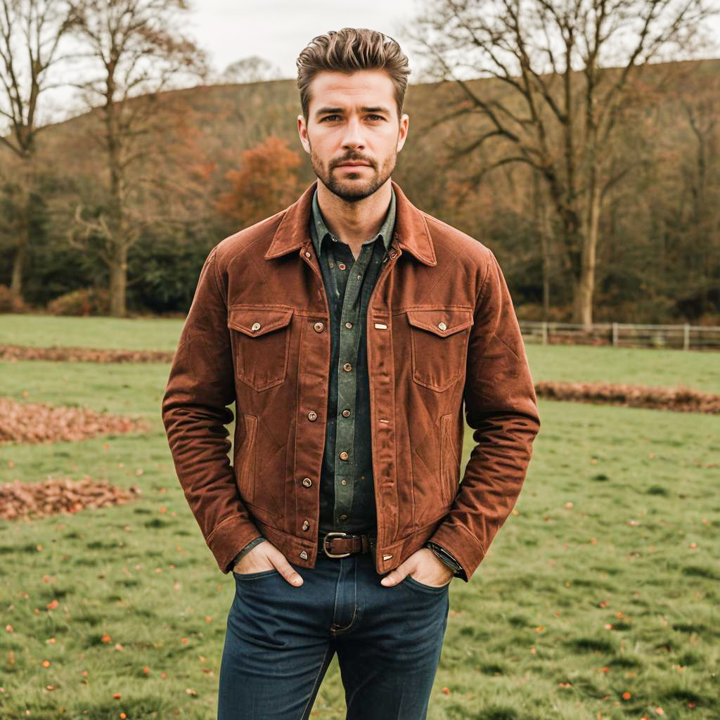 Man Wearing Brown Suede Jacket Outdoors in Autumn Landscape