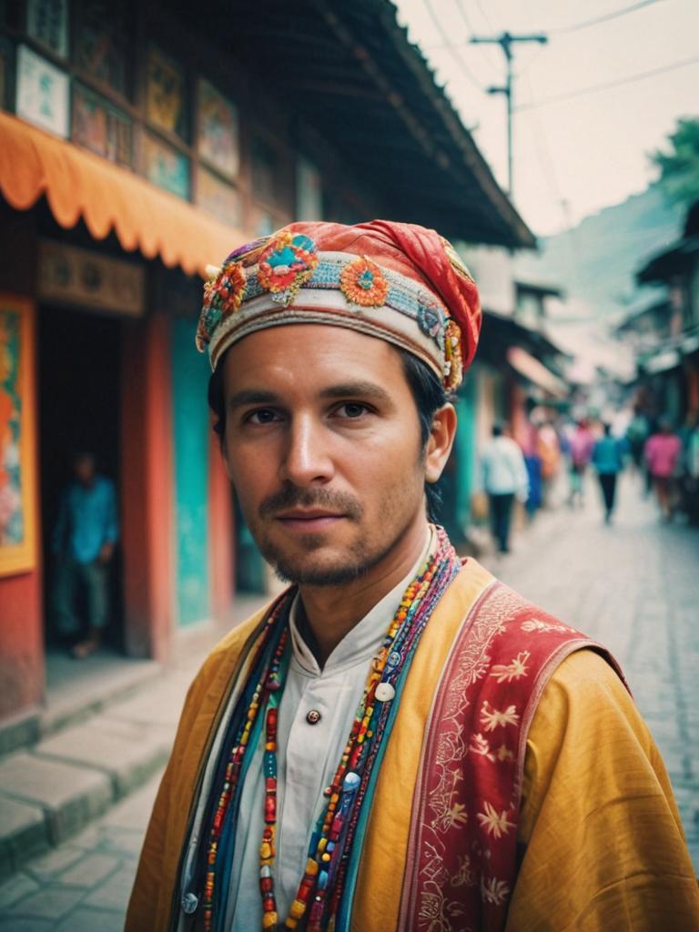 Man in Colorful Traditional Attire Against Urban Background